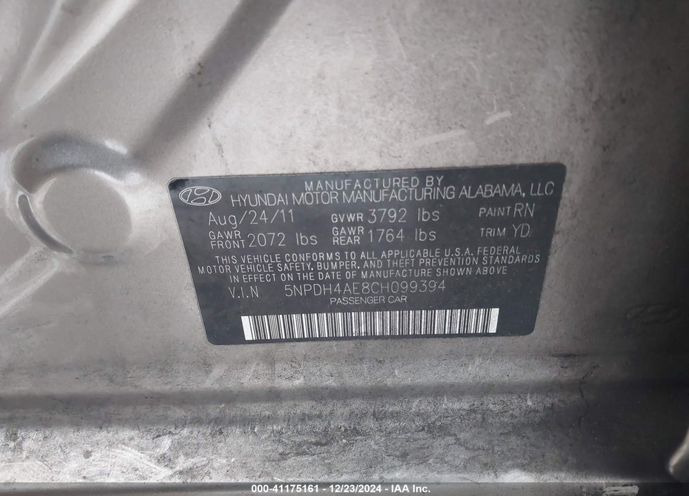 2012 HYUNDAI ELANTRA VIN: 5NPDH4AE8CH099394