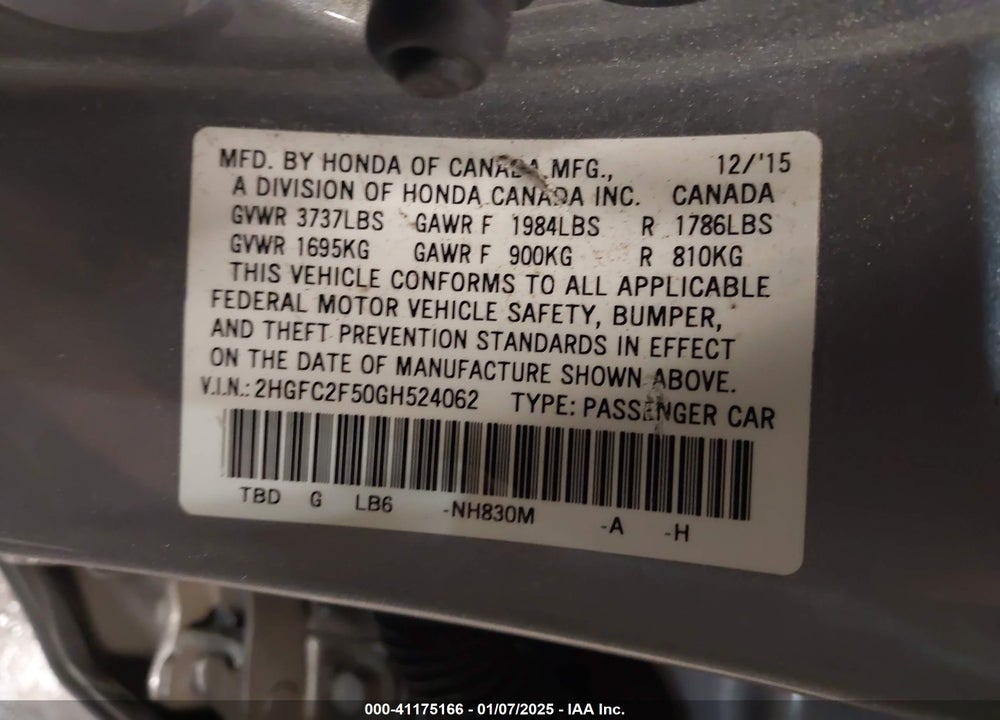 2016 HONDA CIVIC LX VIN: 2HGFC2F50GH524062