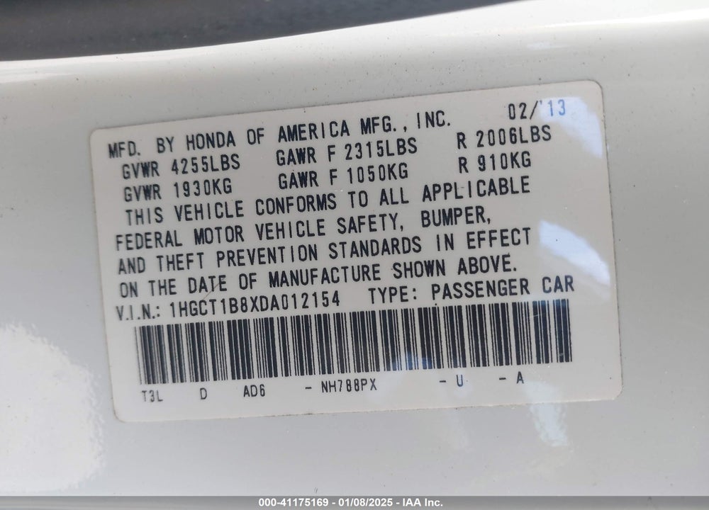2013 HONDA ACCORD VIN: 1HGCT1B8XDA012154