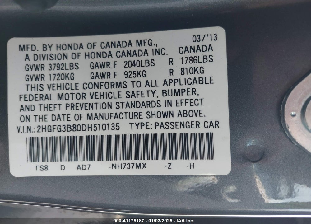 2013 HONDA CIVIC VIN: 2HGFG3B80DH510135