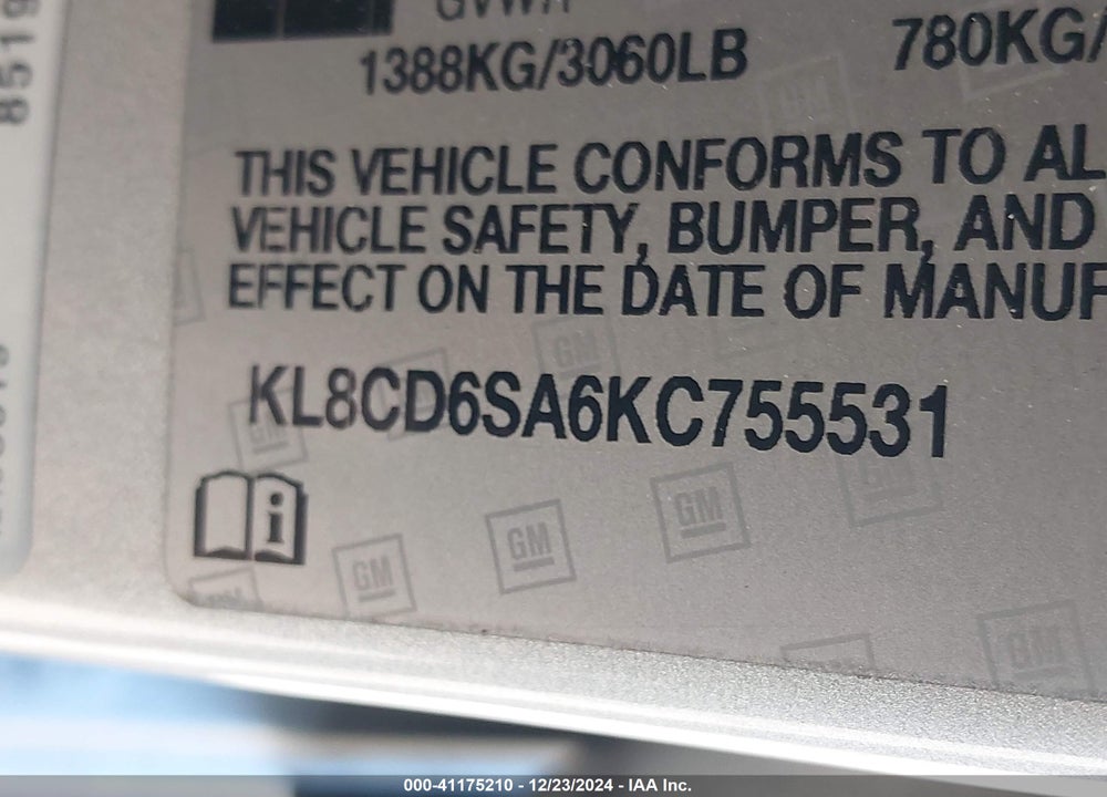 2019 CHEVROLET SPARK 1LT CVT VIN: KL8CD6SA6KC755531