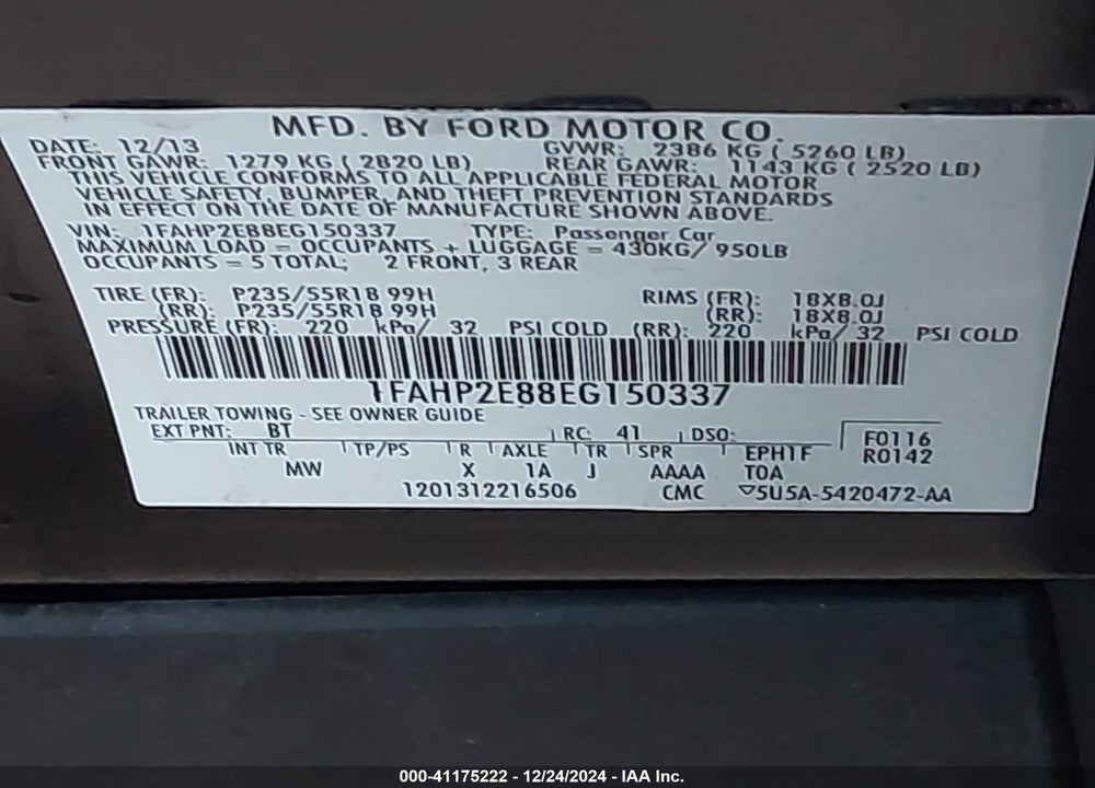 2014 FORD TAURUS VIN: 1FAHP2E88EG150337
