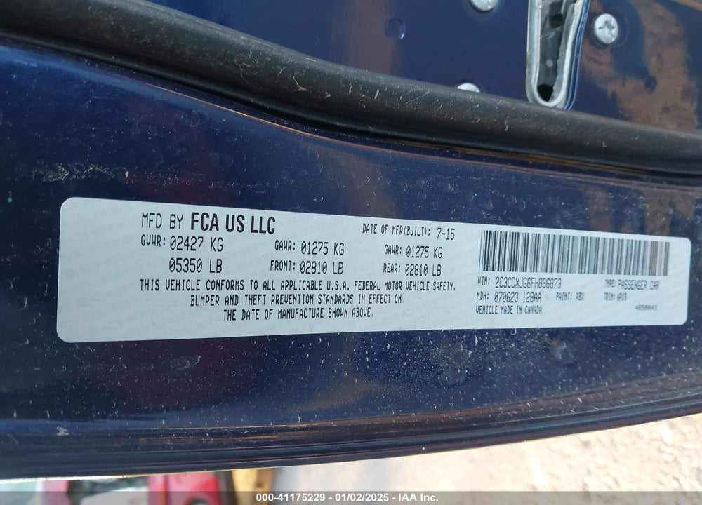 2015 DODGE CHARGER VIN: 2C3CDXJG6FH886873