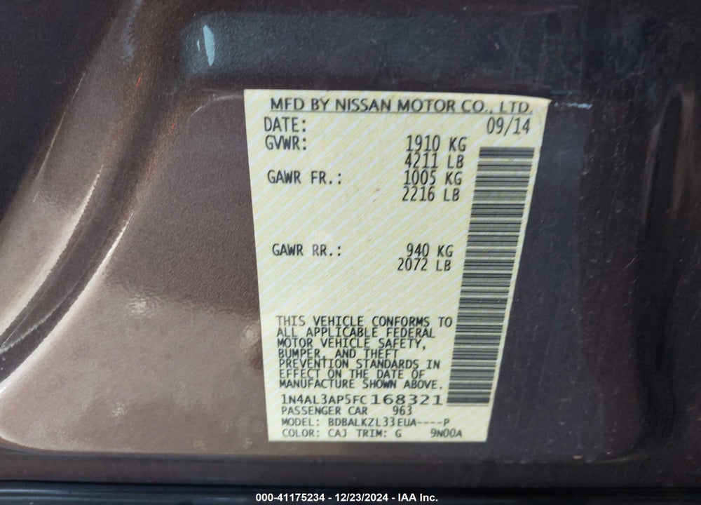 2015 NISSAN ALTIMA VIN: 1N4AL3AP5FC168321