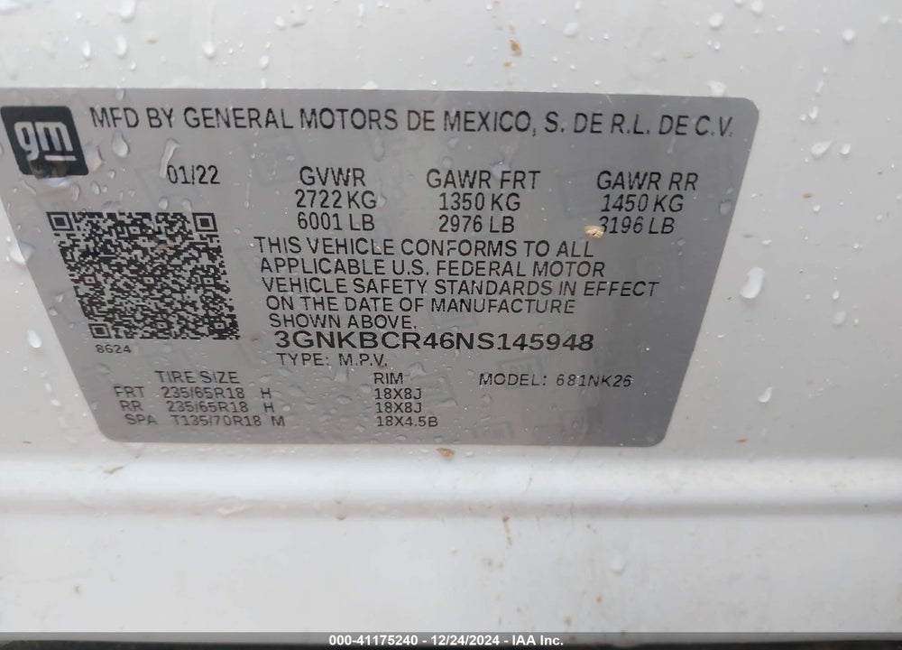 2022 CHEVROLET BLAZER VIN: 3GNKBCR46NS145948