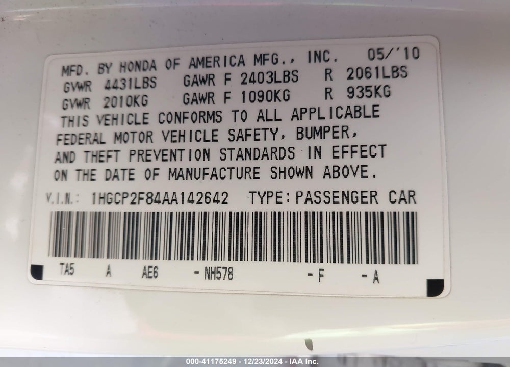 2010 HONDA ACCORD 2.4 EX-L VIN: 1HGCP2F84AA142642