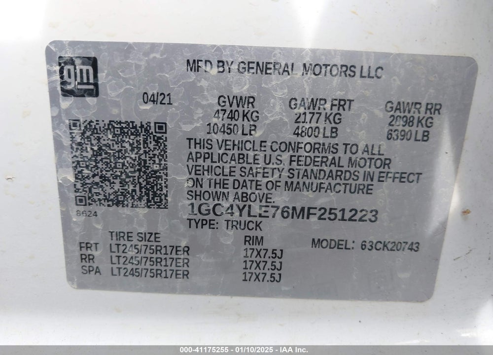 2021 CHEVROLET SILVERADO 2500HD 4WD STANDARD BED WT VIN: 1GC4YLE76MF251223