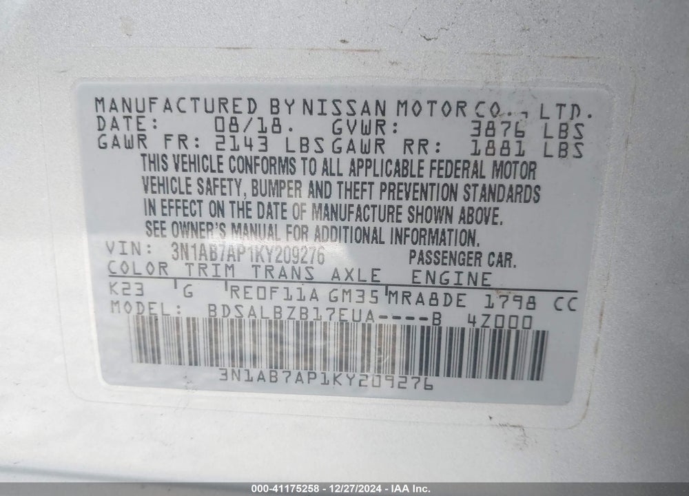 2019 NISSAN SENTRA VIN: 3N1AB7AP1KY209276