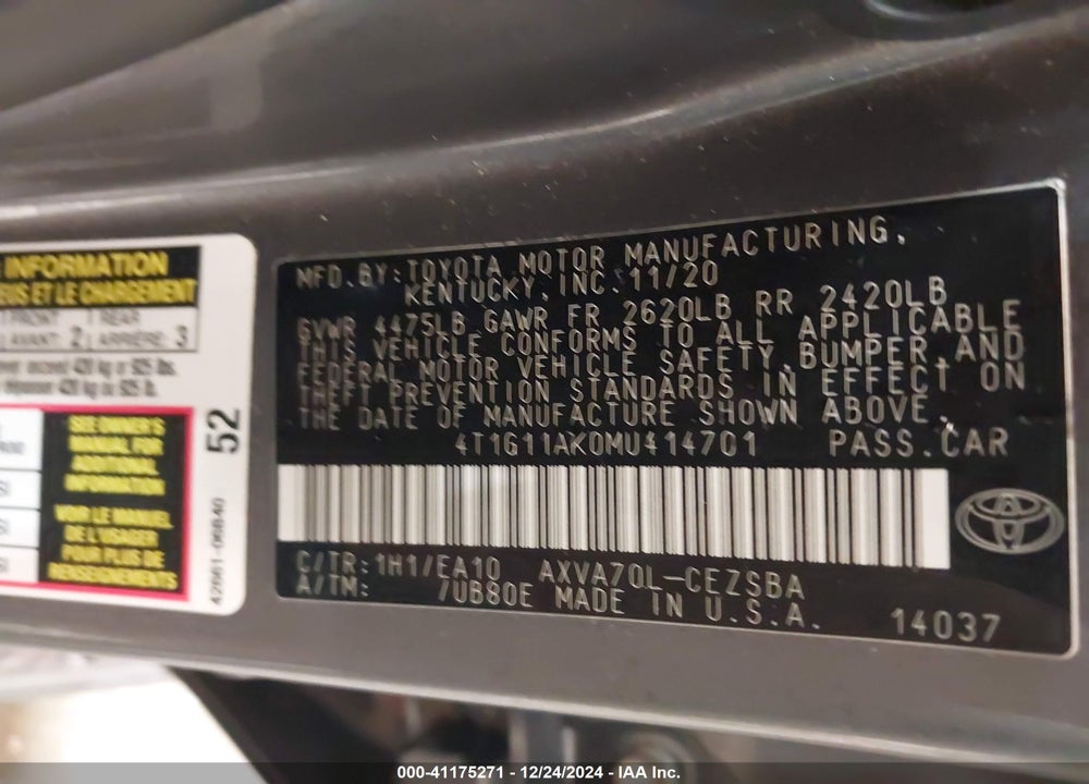 2021 TOYOTA CAMRY SE VIN: 4T1G11AK0MU414701