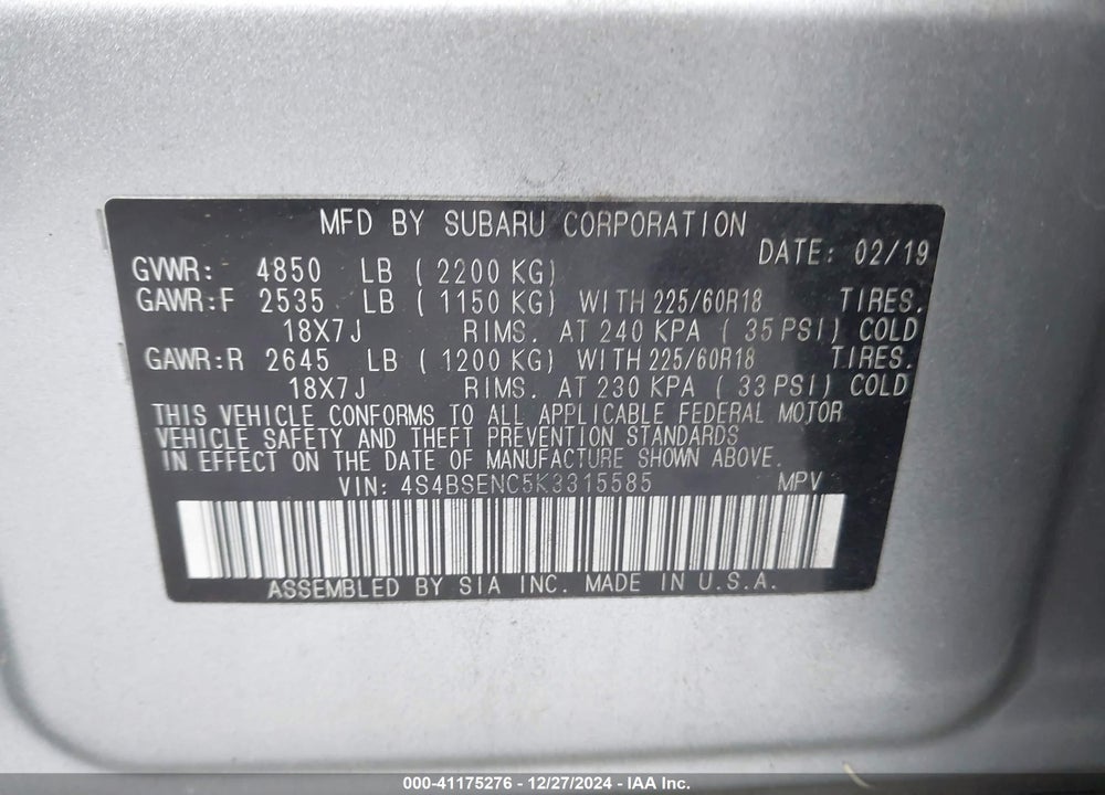 2019 SUBARU OUTBACK 3.6R LIMITED VIN: 4S4BSENC5K3315585