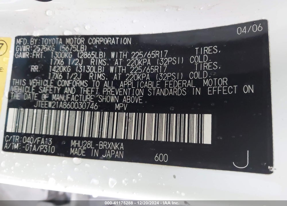 2006 TOYOTA HIGHLANDER HYBRID V6 VIN: JTEEW21A860030746