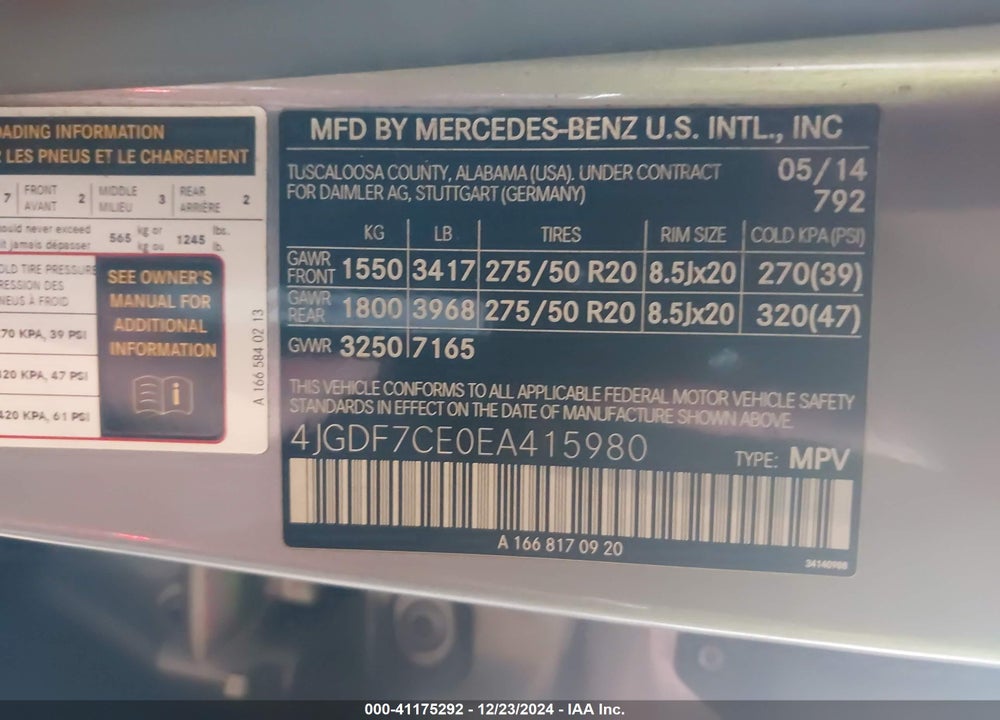 2014 MERCEDES-BENZ GL 450 VIN: 4JGDF7CE0EA415980