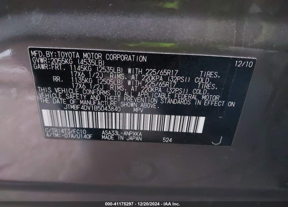 2011 TOYOTA RAV4 VIN: JTMBF4DV1B5043840