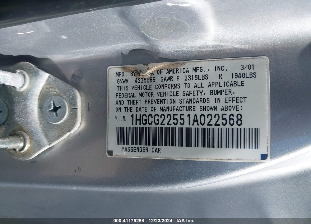 2001 HONDA ACCORD 3.0 EX VIN: 1HGCG22551A022568