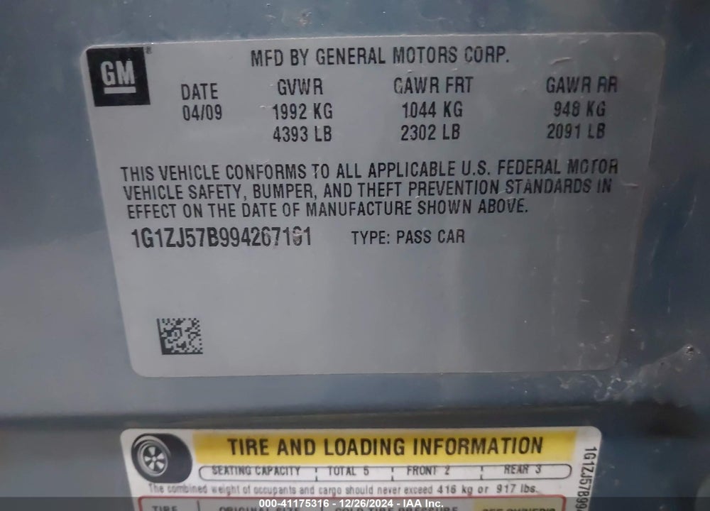 2009 CHEVROLET MALIBU VIN: 1G1ZJ57B994267161