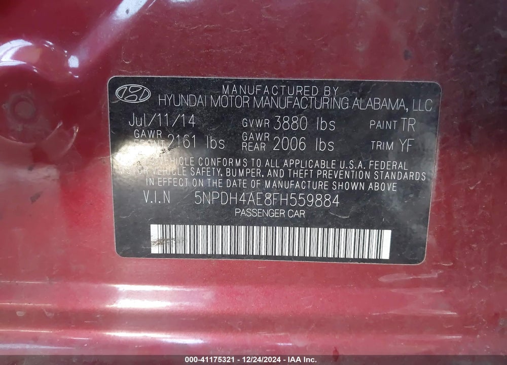 2015 HYUNDAI ELANTRA LIMITED VIN: 5NPDH4AE8FH559884