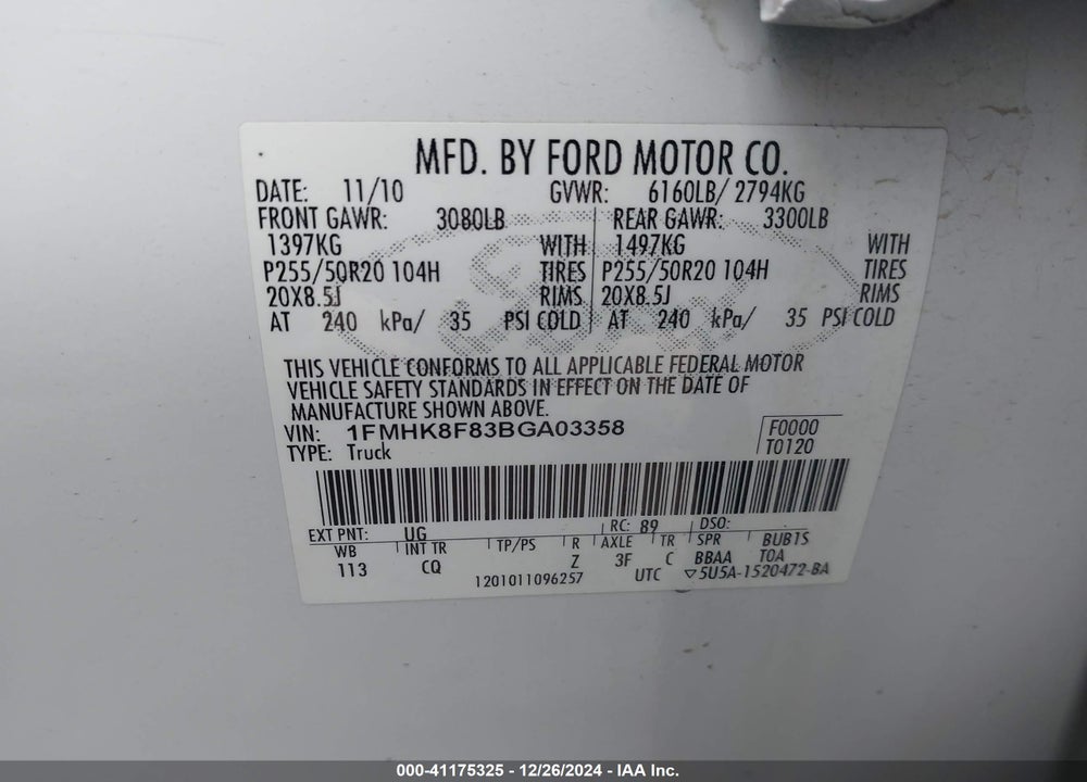 2011 FORD EXPLORER VIN: 1FMHK8F83BGA03358