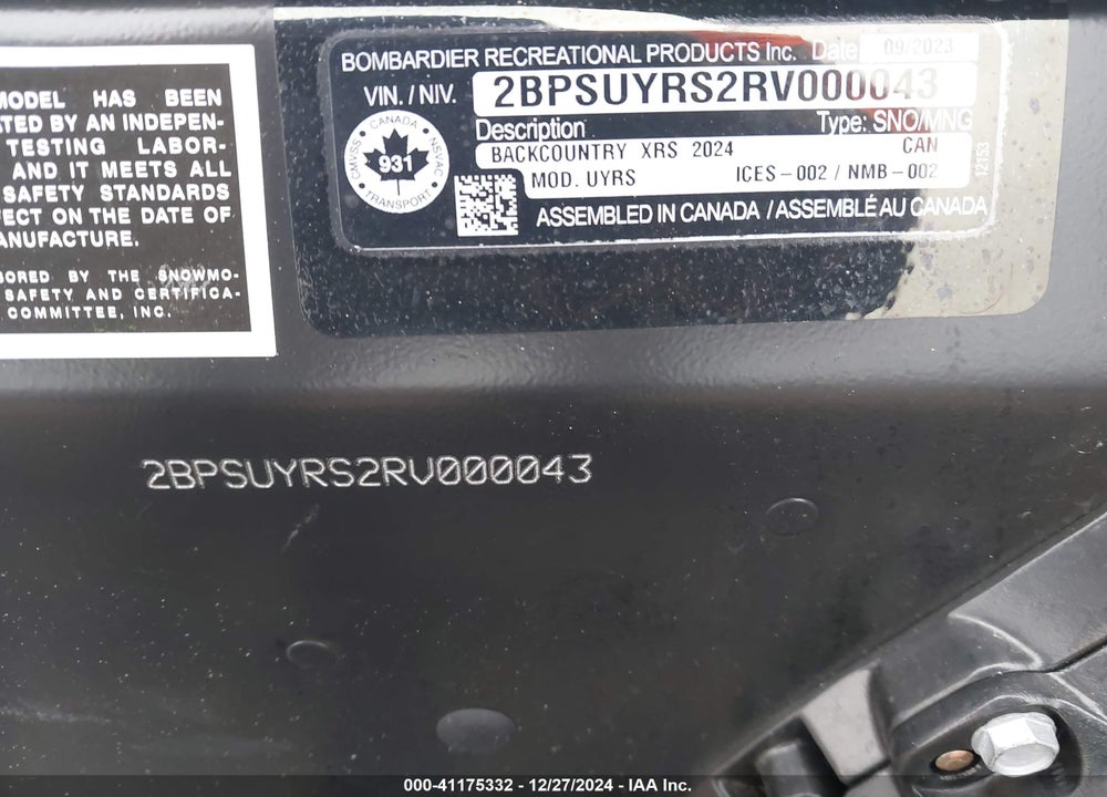 2024 SKI DOO BACK COUNTRY X 850 VIN: 2BPSUYRS2RV000043