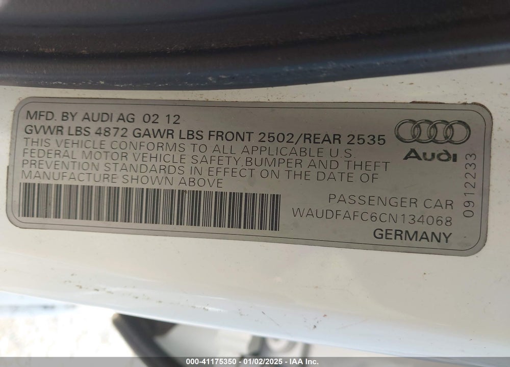 2012 AUDI A6 2.0T PREMIUM VIN: WAUDFAFC6CN134068
