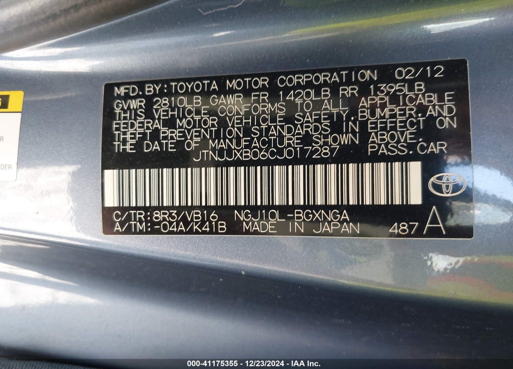 2012 SCION IQ VIN: JTNJJXB06CJ017287