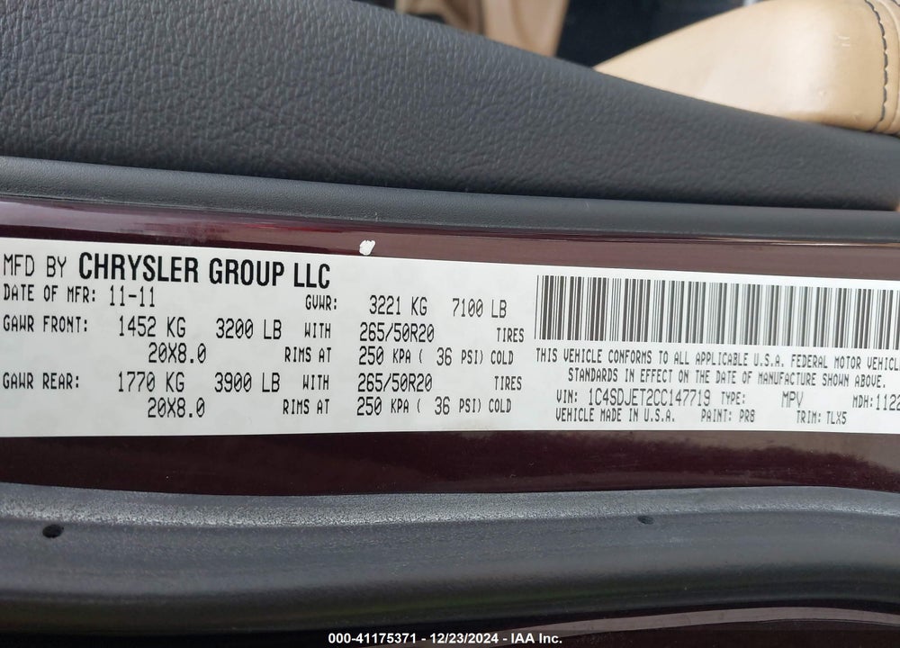 2012 DODGE DURANGO CITADEL VIN: 1C4SDJET2CC147719