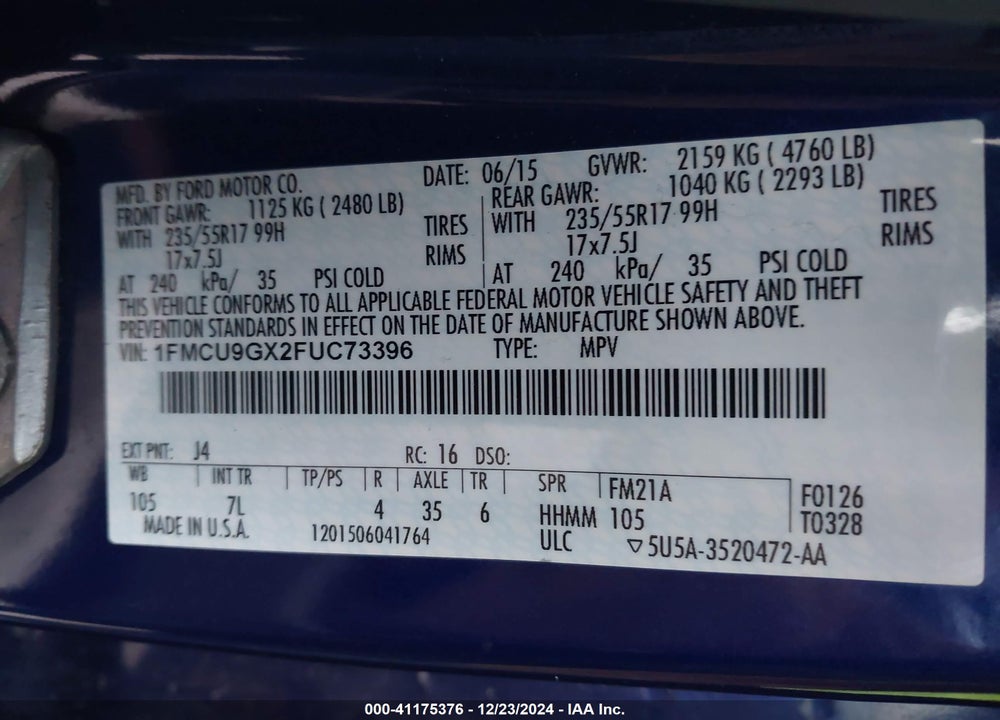 2015 FORD ESCAPE VIN: 1FMCU9GX2FUC73396