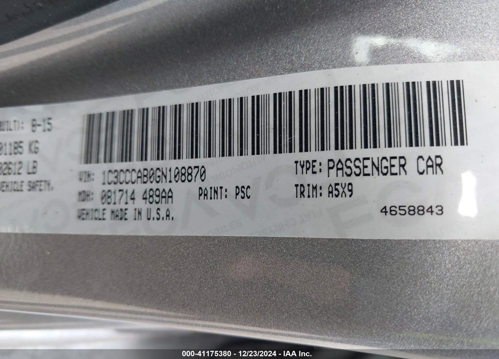 2016 CHRYSLER 200 LIMITED VIN: 1C3CCCAB0GN108870