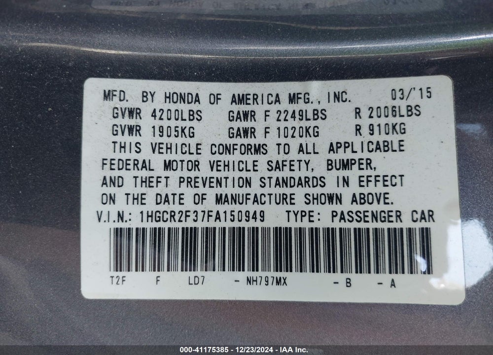2015 HONDA ACCORD LX VIN: 1HGCR2F37FA150949