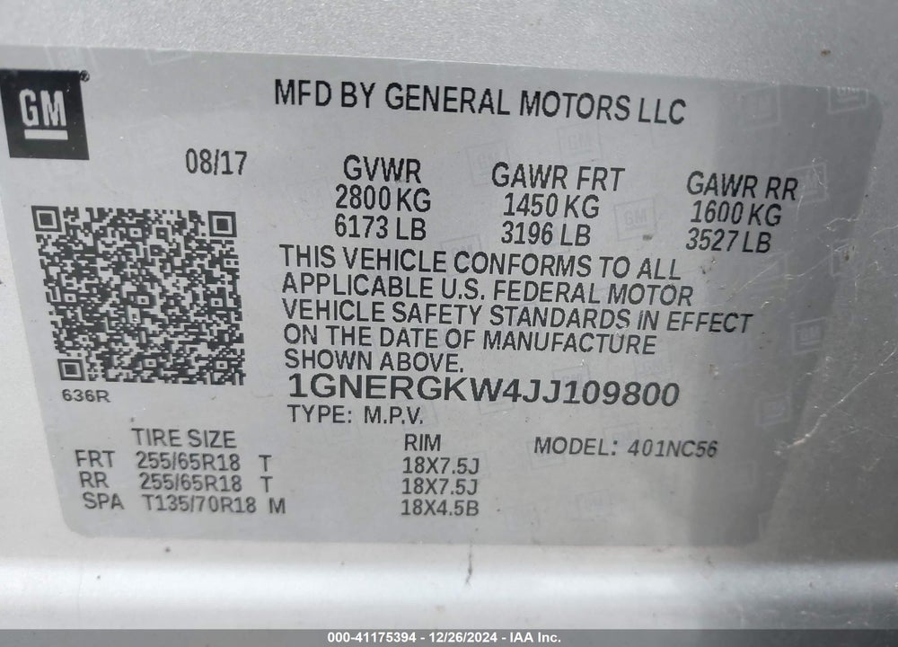 2018 CHEVROLET TRAVERSE 1LT VIN: 1GNERGKW4JJ109800