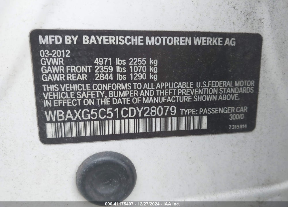 2012 BMW 528I VIN: WBAXG5C51CDY28079