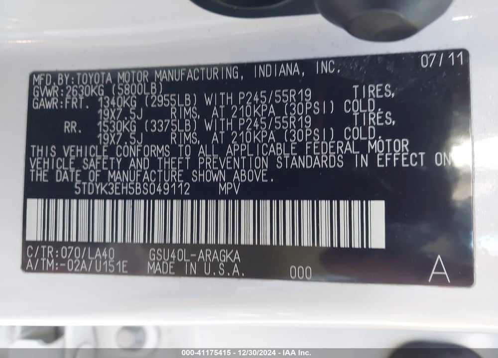 2011 TOYOTA HIGHLANDER LIMITED V6 VIN: 5TDYK3EH5BS049112