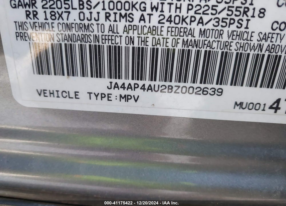 2011 MITSUBISHI OUTLANDER SPORT SE VIN: JA4AP4AU2BZ002639