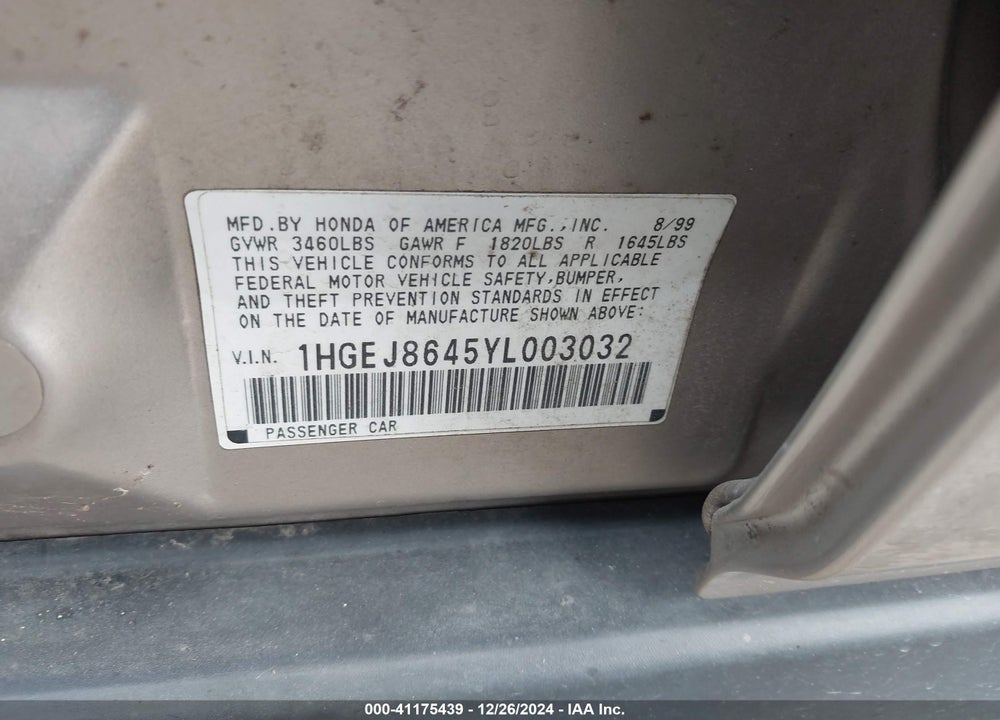 2000 HONDA CIVIC EX VIN: 1HGEJ8645YL003032