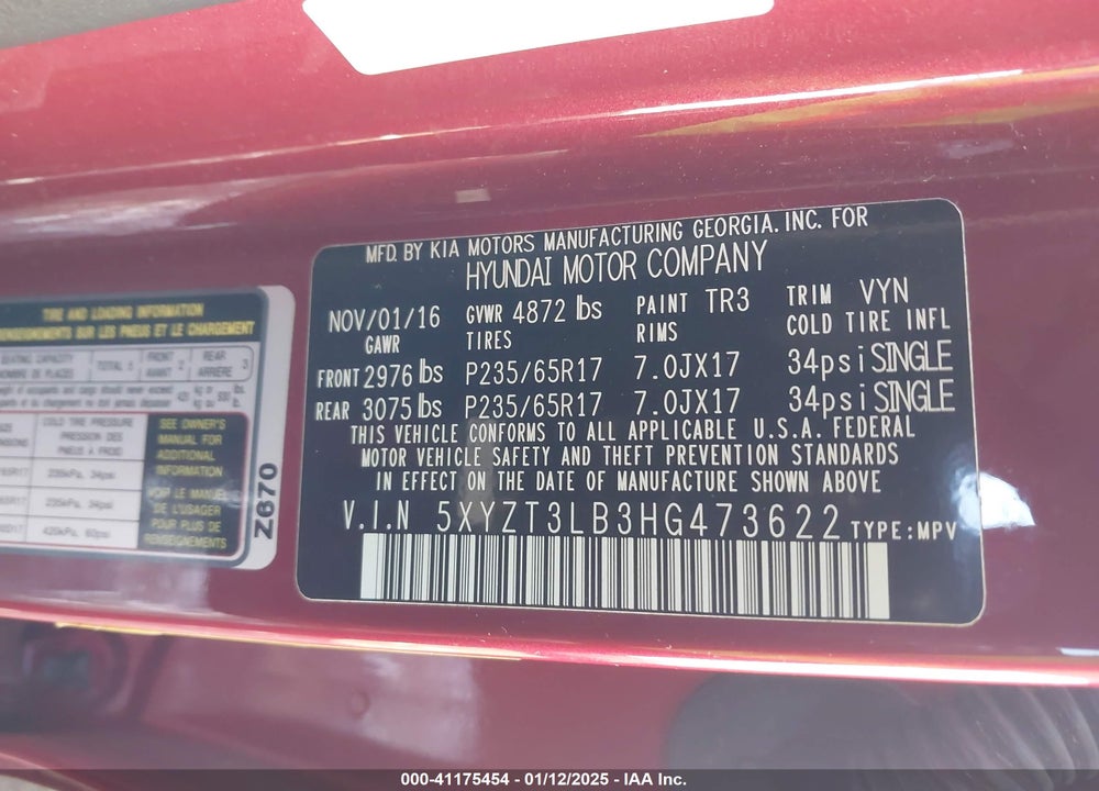 2017 HYUNDAI SANTA FE SPORT 2.4L VIN: 5XYZT3LB3HG473622