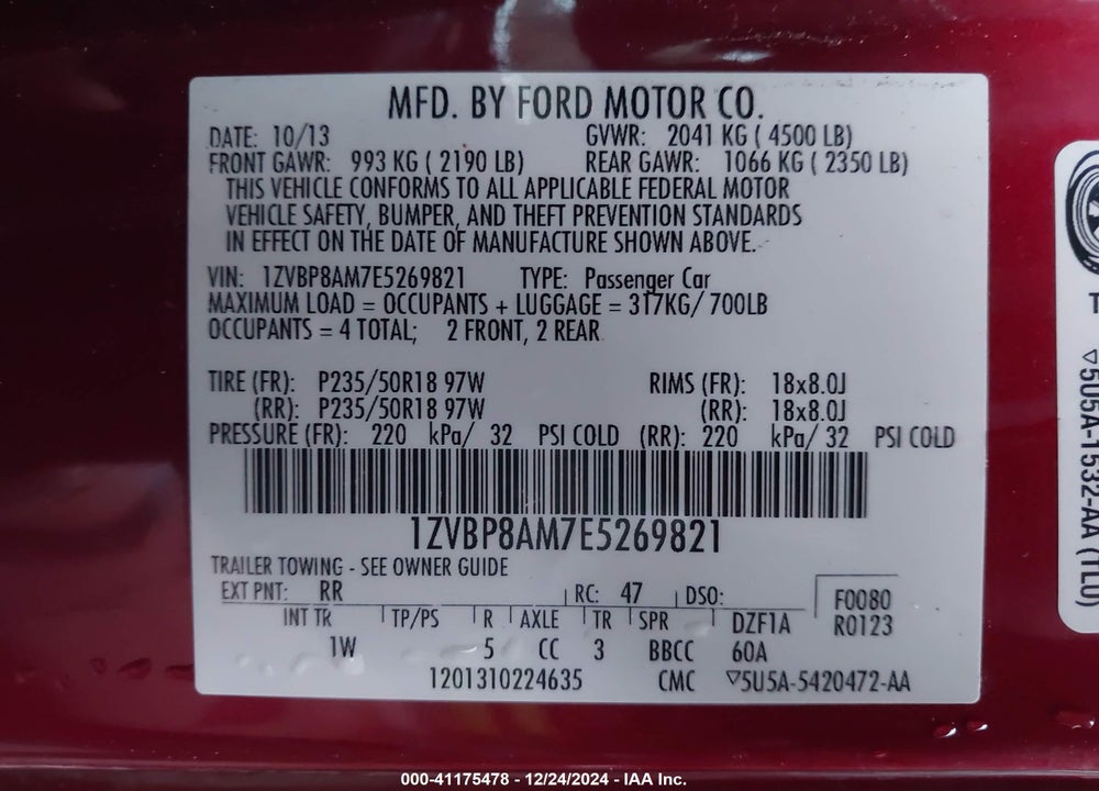 2014 FORD MUSTANG V6 VIN: 1ZVBP8AM7E5269821