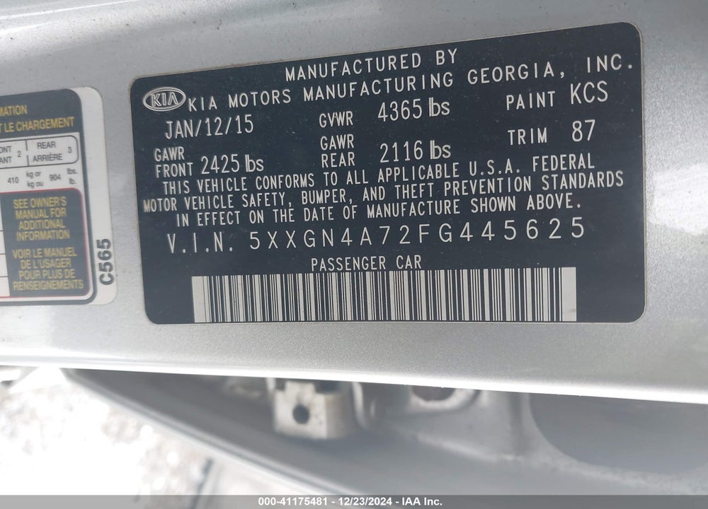 2015 KIA OPTIMA EX VIN: 5XXGN4A72FG445625