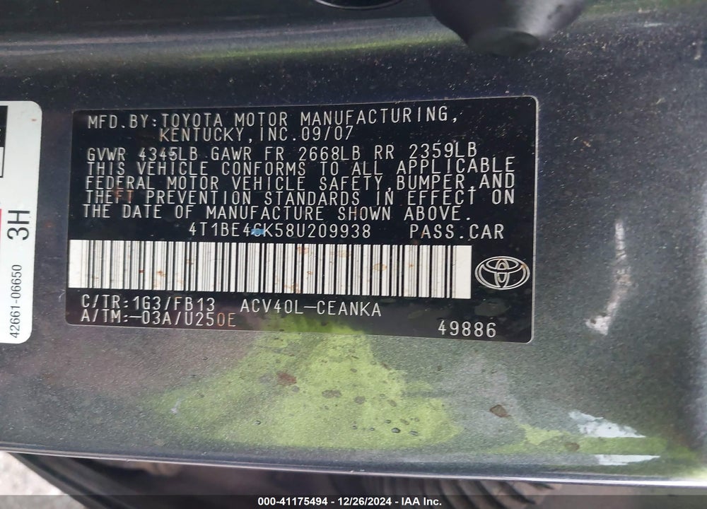2008 TOYOTA CAMRY VIN: 4T1BE46K58U209938