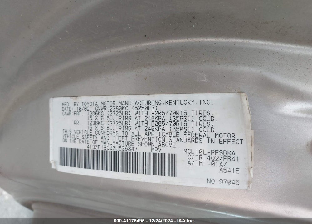 2003 TOYOTA SIENNA CE VIN: 4T3ZF19C93U536843