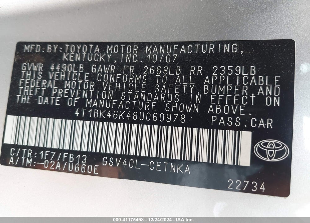 2008 TOYOTA CAMRY VIN: 4T1BK46K48U060978