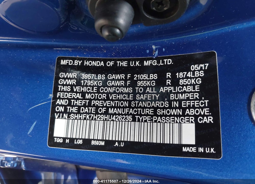 2017 HONDA CIVIC LX VIN: SHHFK7H29HU426235