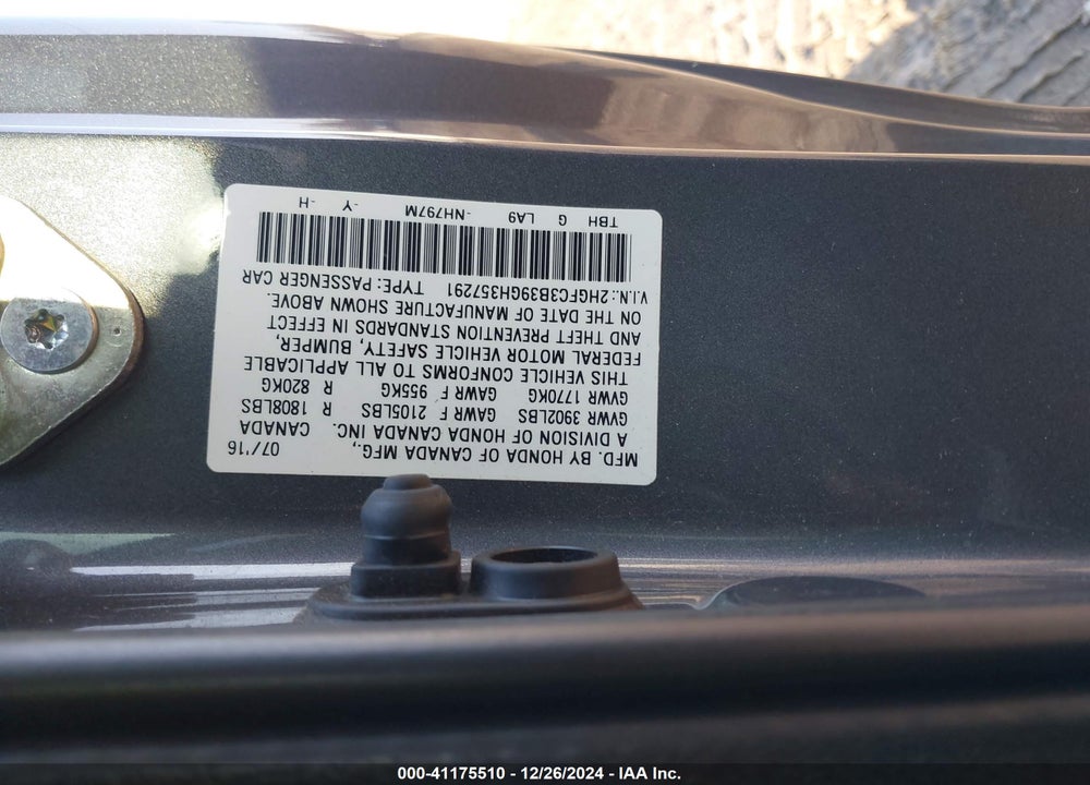 2016 HONDA CIVIC EX-T VIN: 2HGFC3B39GH357291
