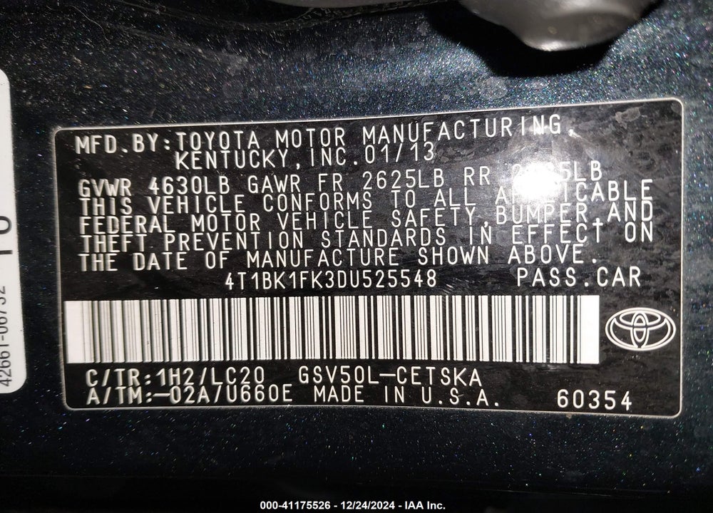 2013 TOYOTA CAMRY VIN: 4T1BK1FK3DU525548