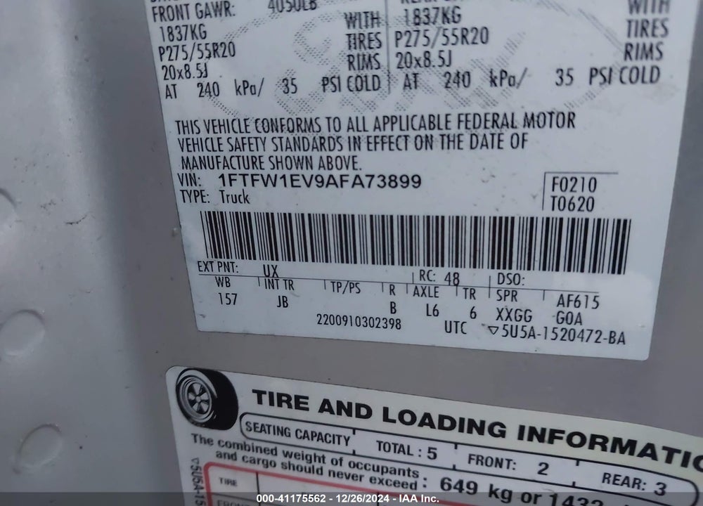 2010 FORD F150 SUPERCREW VIN: 1FTFW1EV9AFA73899
