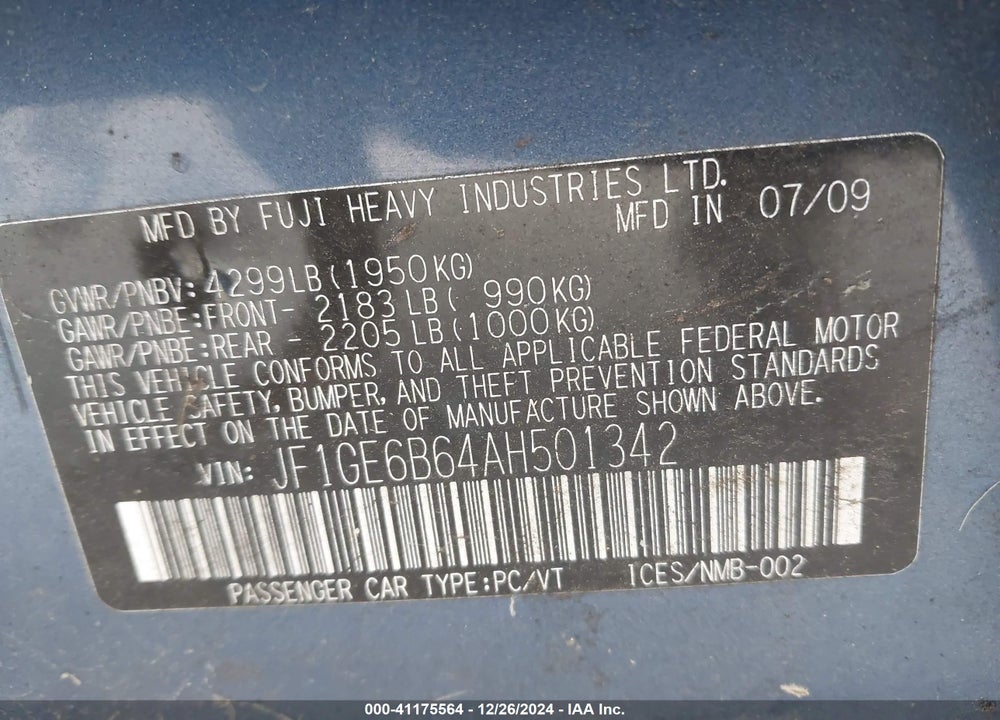 2010 SUBARU IMPREZA VIN: JF1GE6B64AH501342