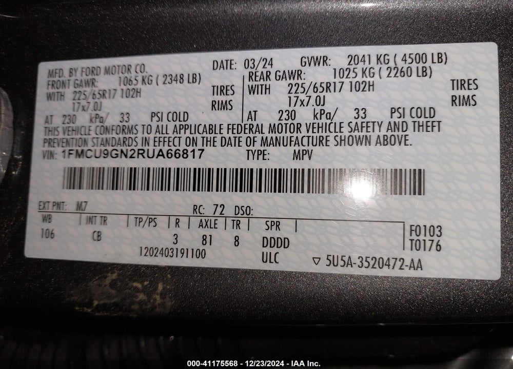 2024 FORD ESCAPE ACTIVE VIN: 1FMCU9GN2RUA66817