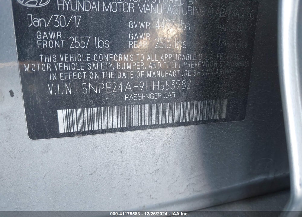 2017 HYUNDAI SONATA SE VIN: 5NPE24AF9HH553982