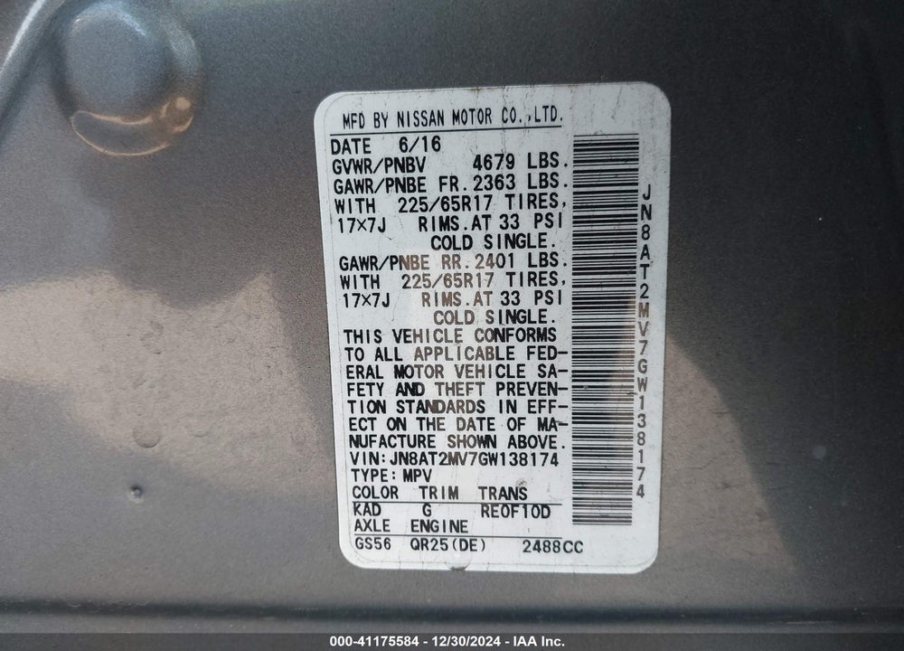 2016 NISSAN ROGUE SV VIN: JN8AT2MV7GW138174