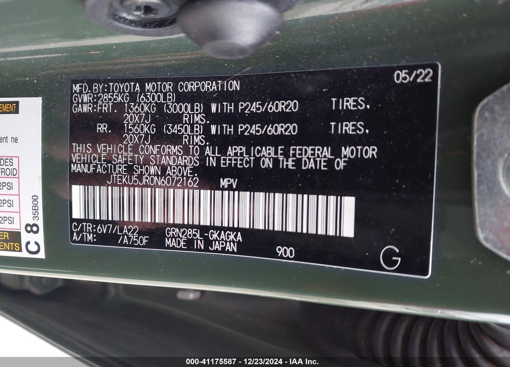 2022 TOYOTA 4RUNNER LIMITED VIN: JTEKU5JR0N6072162