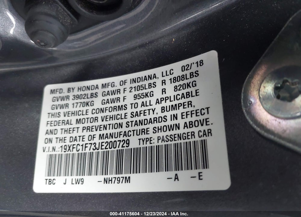 2018 HONDA CIVIC EX-L VIN: 19XFC1F73JE200729
