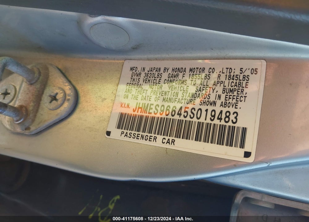 2005 HONDA CIVIC HYBRID VIN: JHMES96645S019483